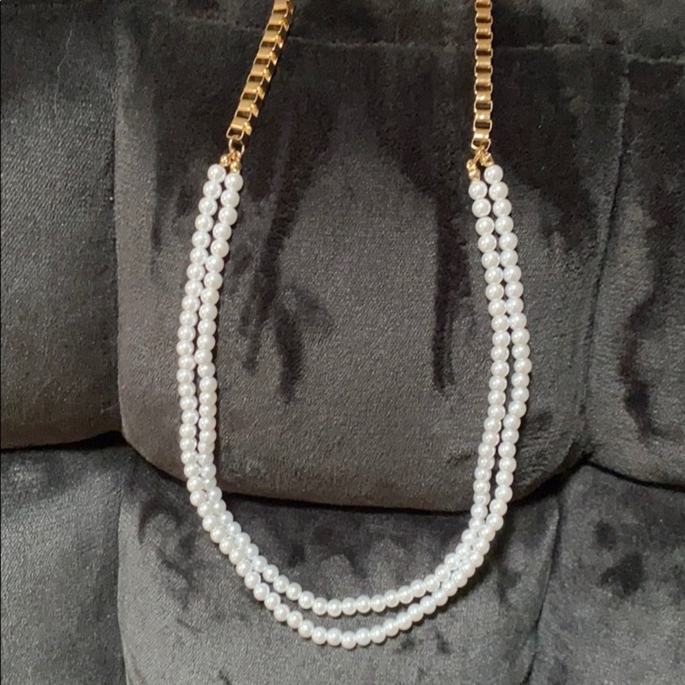 Long gold box chain and pearl necklace